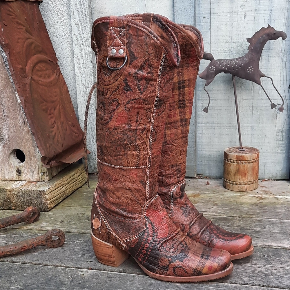 GOLDMUD Leather Tattoo Pattern, Bought & Made In Portugal, Cowboy Boots